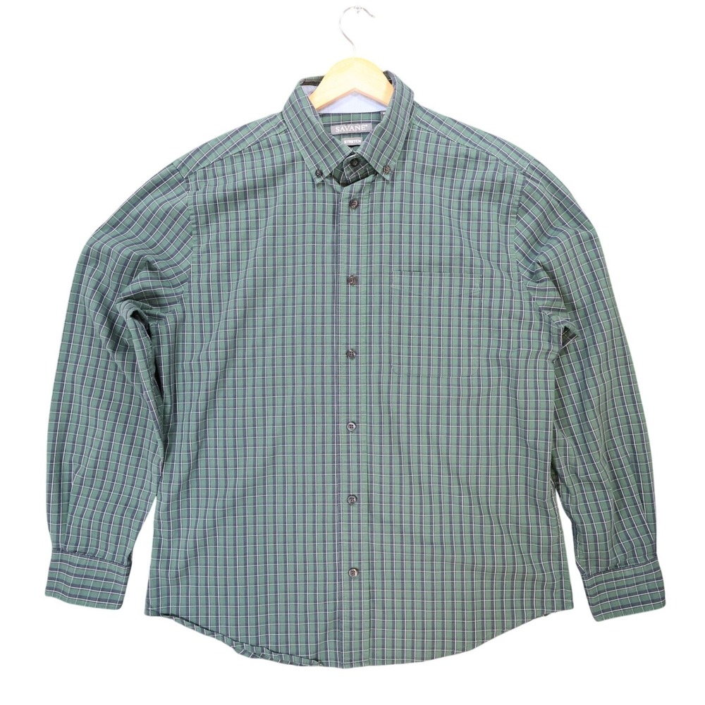 Savane Button Up Mens Medium Green Excellent Stretch Plaid‎ RS5929